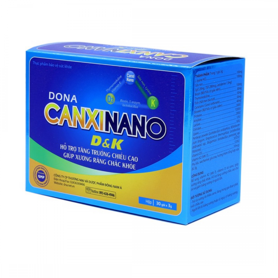 Cốm Hỗ Trợ Tăng Trưởng Chiều Cao DONA CANXINANO D&K – Bổ Sung Vitamin D3 K2 Mk7 Giúp Xương Răng Chắc Khỏe (Hộp 30 Gói X 3G)